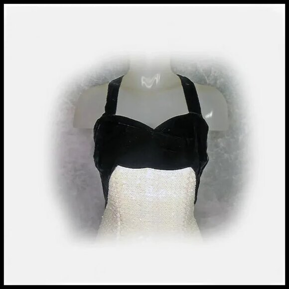 Black Velvet Cocktail Dress with White Sequins! Bombshell Formal Sheath 50s VTG - Picture 5 of 16